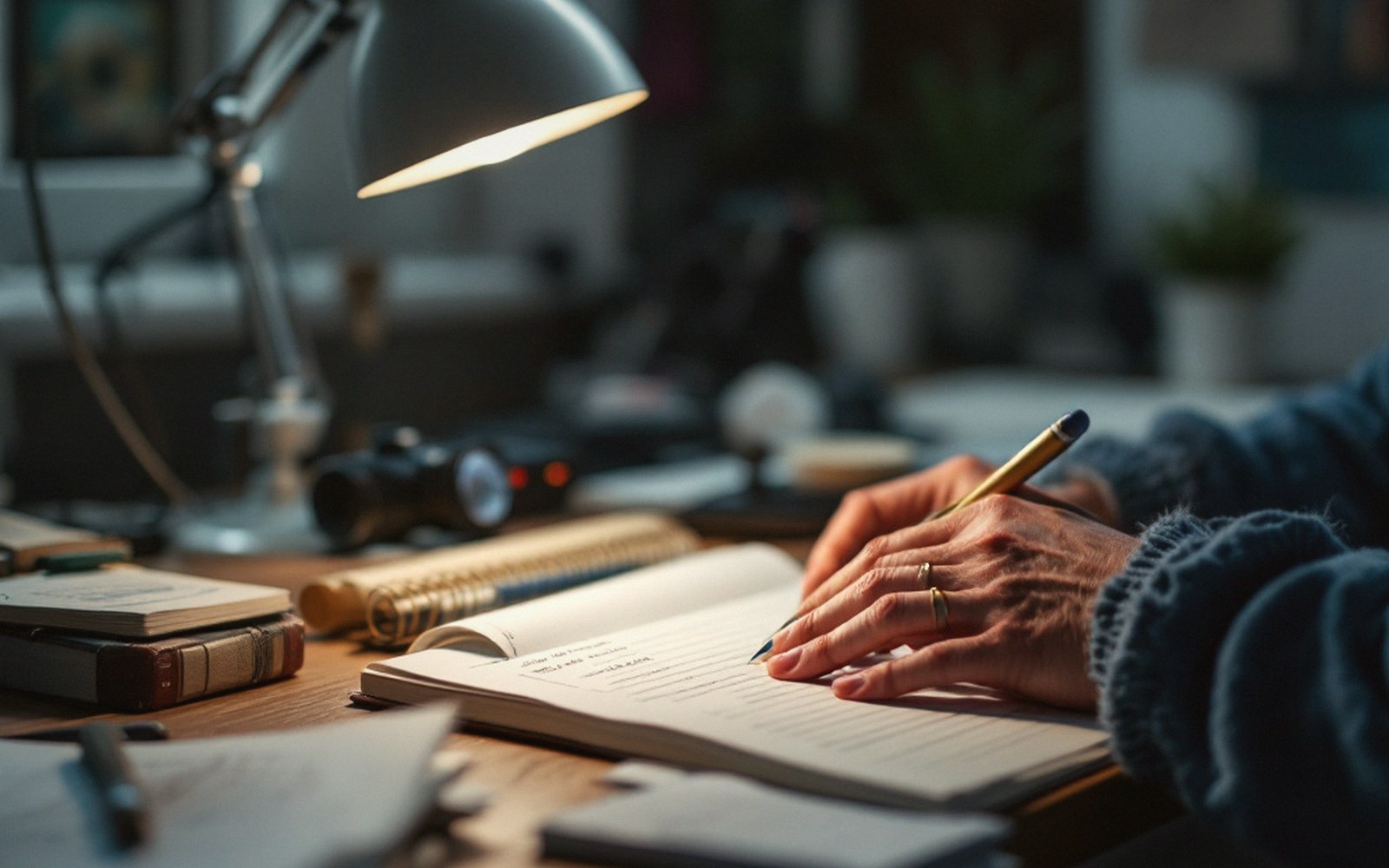 Hands writing in a notebook at a desk lit by an adjustable desk lamp