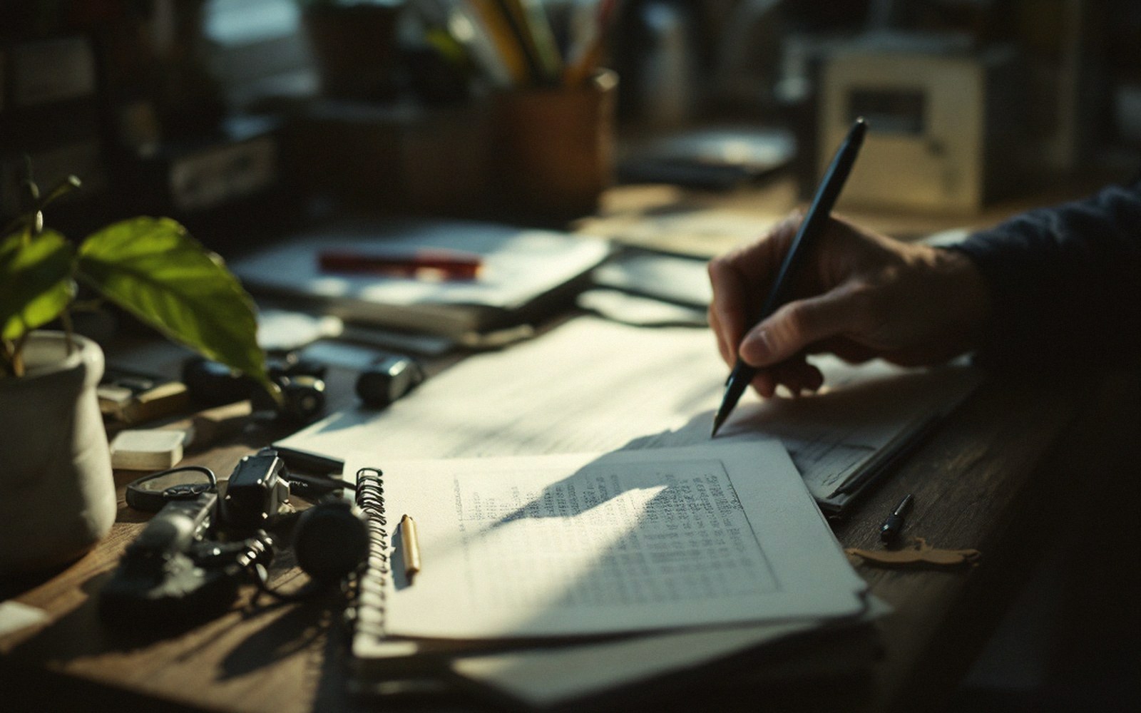 A hand writes with a pen on a notebook covered in dense handwritten notes